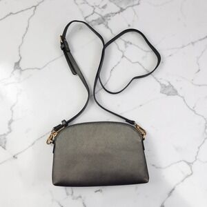 Demdaco Metallic Pewter Saffiano Vegan Leather Crossbody Dome Bag Gold Hardware